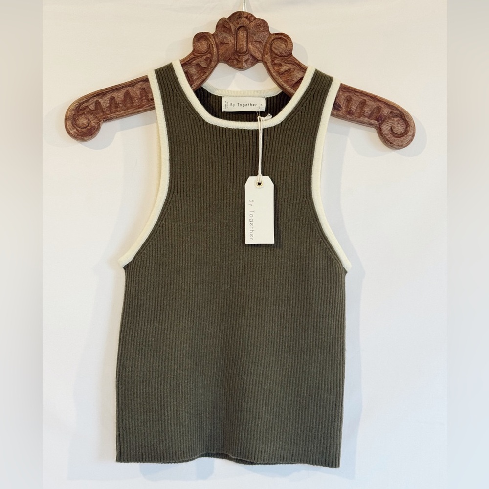 By Together Olive Green Ribbed Tank with Cream Trim
